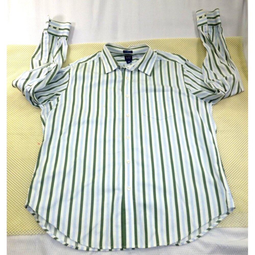 GAP Classic Fit Green & Blue Striped Button-Up Shirt 16-16.5 Long‎ Sleeve Casual